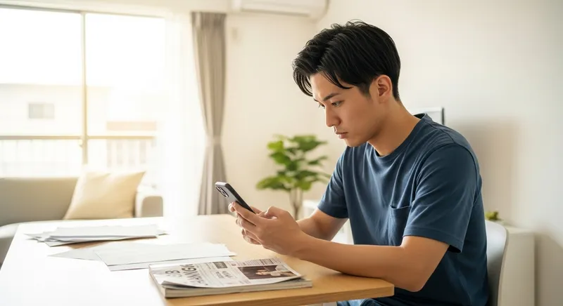 ドライバー志望者がスマホでタクシー会社の求人を探している様子