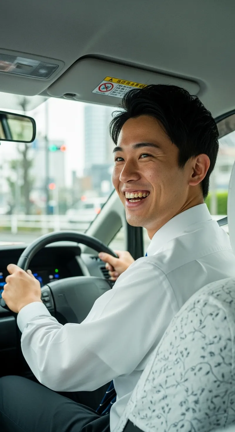 若い運転手が車に乗っている様子