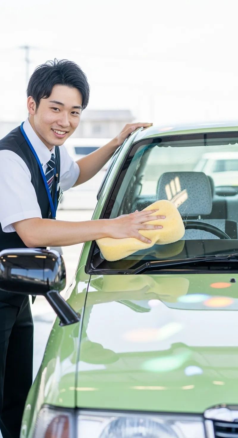 若いドライバーが洗車をしている様子
